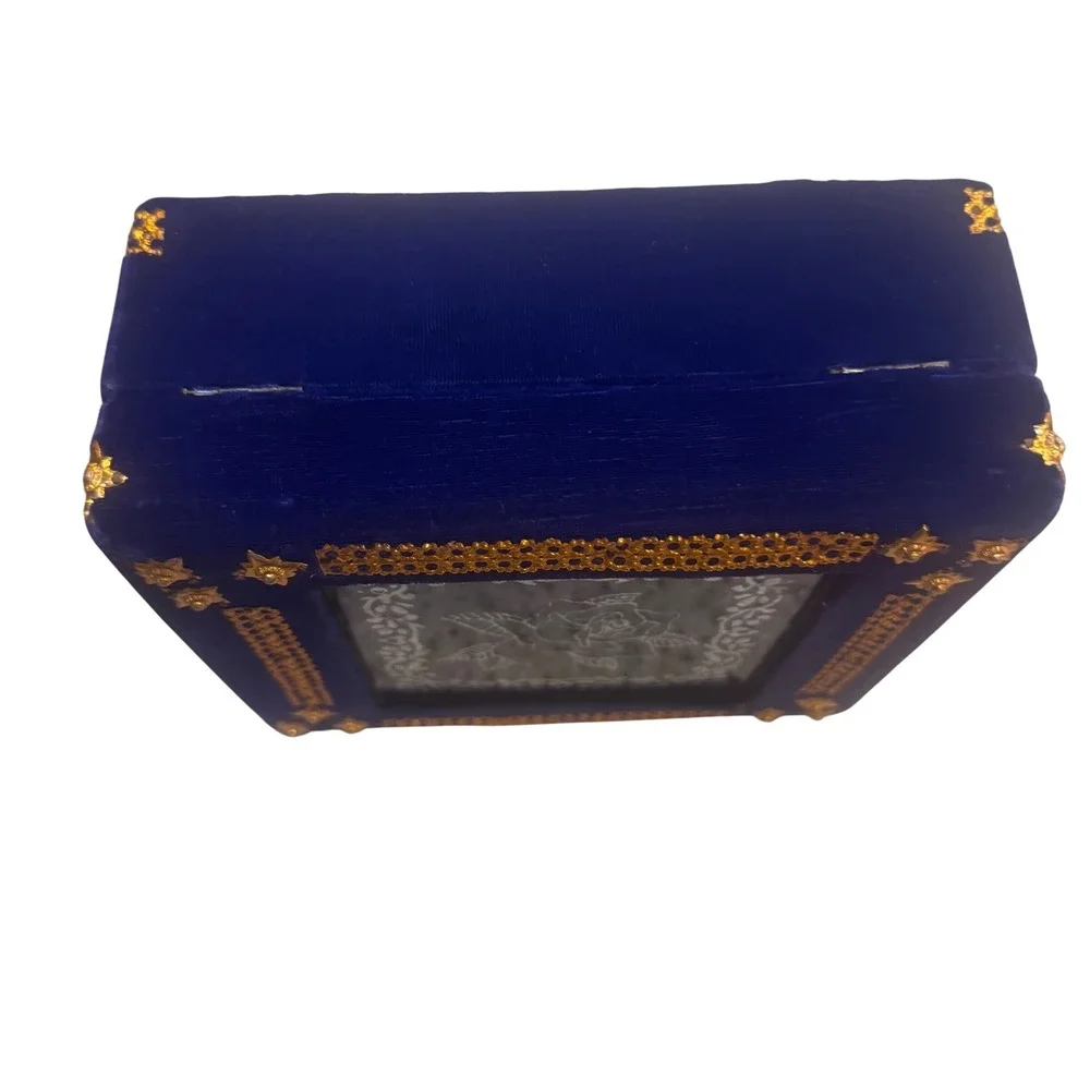 Vintage Blue Velvet Box Persian Design Glass Lid Ornate Trim Display Compartment